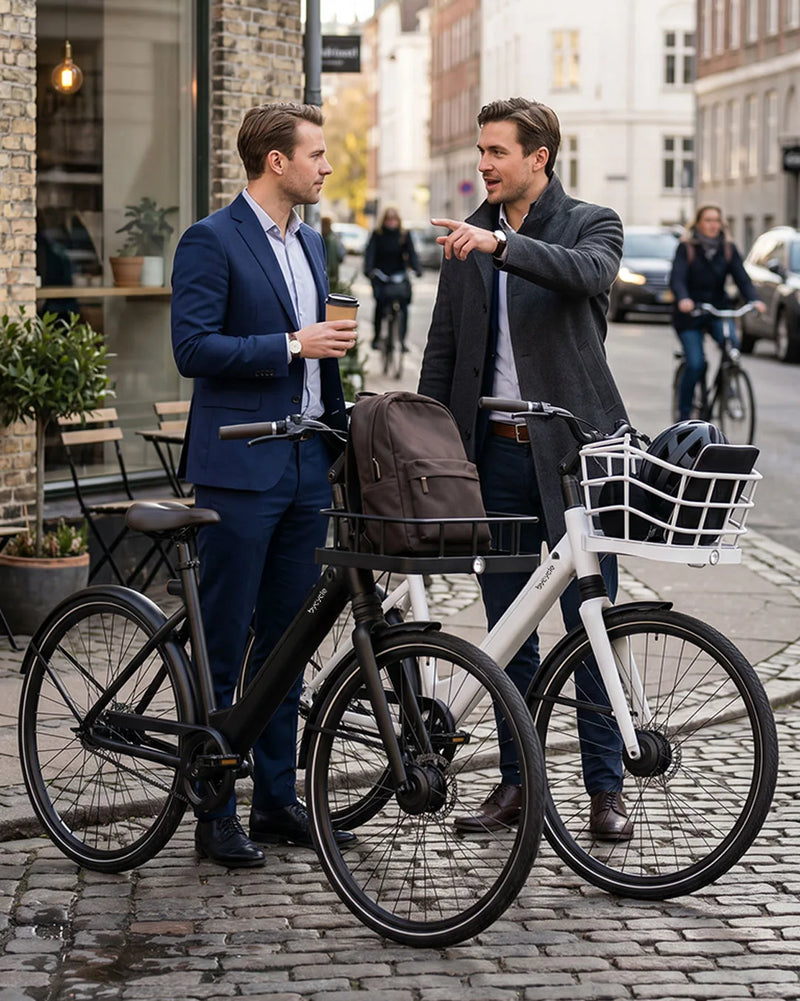 Bycycle lifestyle — business men talk